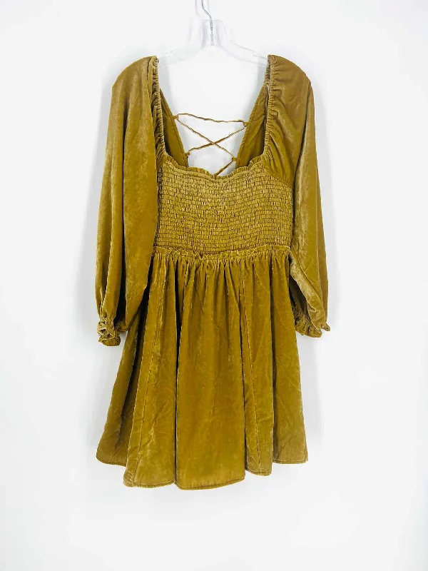 Free People Size L Mustard Smocked Velvet NEW Dresses Dress Bodycon Club Sequined
