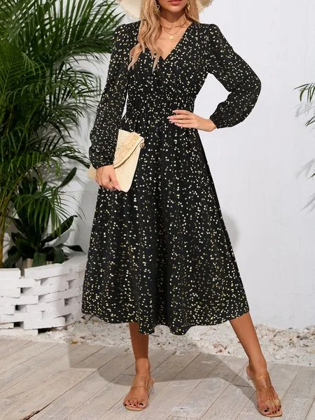 Women's Long Sleeved V-neck Pleated Shiny Dress HEBCV53VLB Tunics Brand named