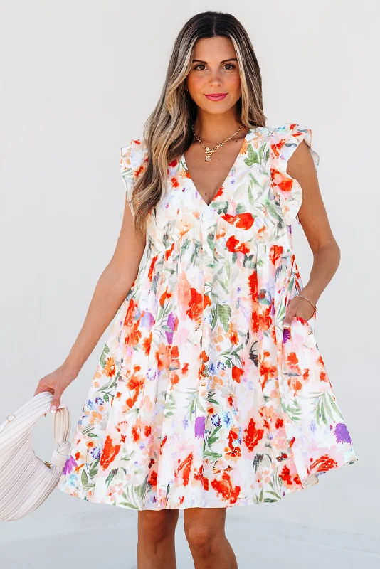 Salem Floral Ruffle Sleeve Dress Square Neckline Feminine