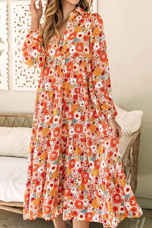 Barbara Floral Collared Long Sleeve Ruffled Dress Tunics Fashionable chic