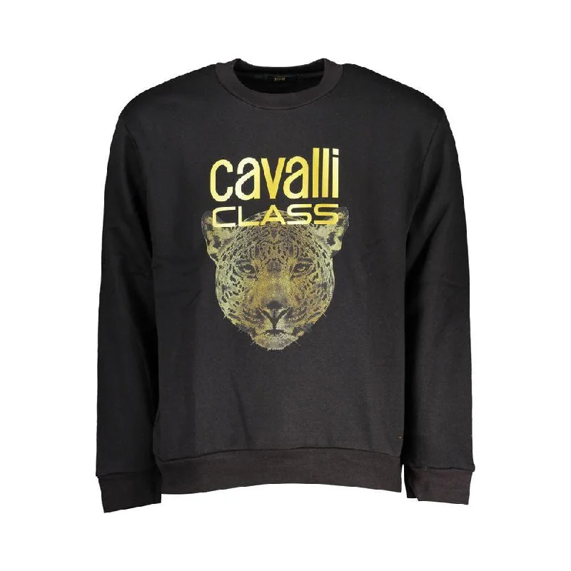Cavalli Class Chic Fleece Crew Neck Sweatshirt in Black Hoodie with Set-In Sleeves Structured Classic