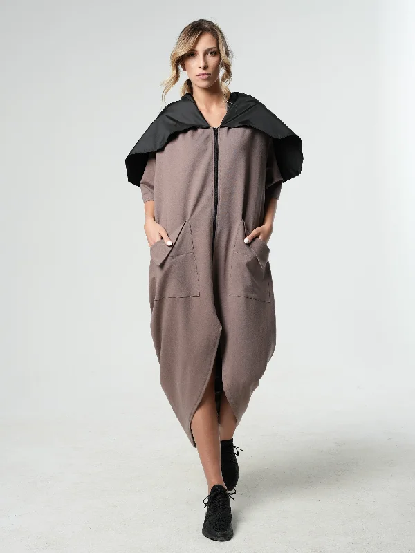 Extravagant Zipper Dress With Shoulder Cape in Moccachino Tunics Summer linen