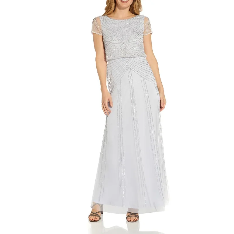 Adrianna Papell Women's Beaded Blouson Short Sleeve Evening Dress Tunic Top Casual