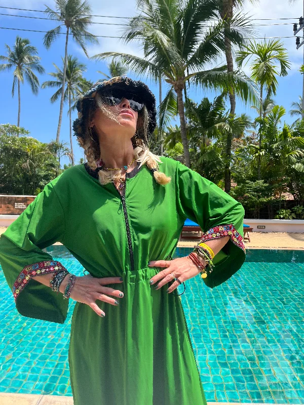 Swimwear dress Dr2302bs-Ethnic style - Green 72 short length Maxi Flowy Bohemian