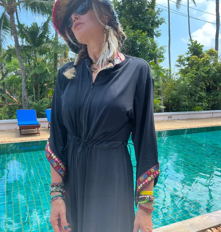 Swimwear dress Dr2302bs-Ethnic style - Black short length Tunics Luxurious high-end
