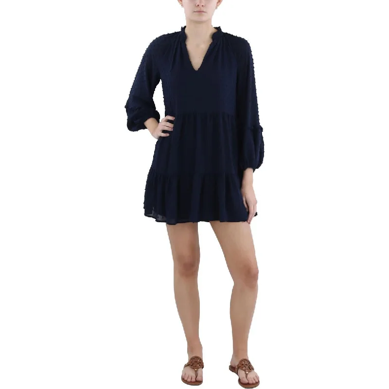 Petites Womens Ruffled Mini Shift Dress Tunics Satin smooth