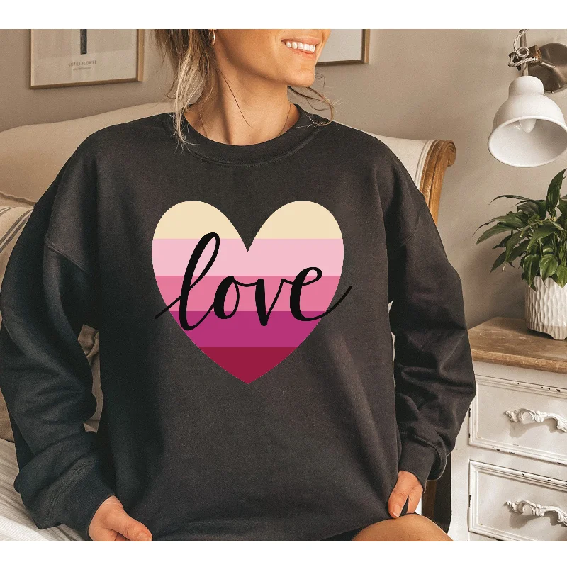 Valentine'S Day Fashion Women'S Casual Long Sleeve Round Neck Heart Love LOVE Letter Print Sweatshirt Hoodie with Drawstring Waist Adjustable Fitted
