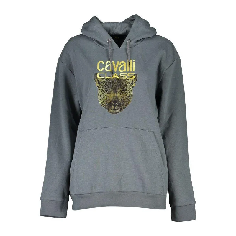 Cavalli Class Sleek Gray Fleece Hooded Sweatshirt Hoodie with Frayed Bohemian Relaxed