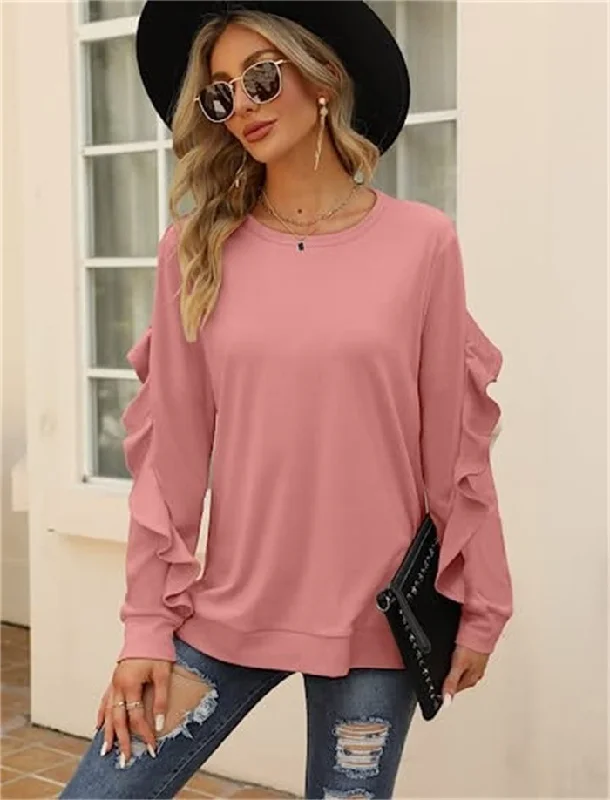 Autumn Winter Women Casual Round Neck Long Sleeve Ruffled Sweatshirt Hoodie with Velcro Closure Adjustable Secure