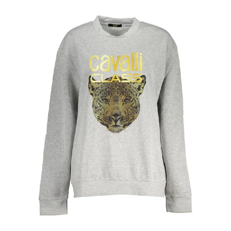 Cavalli Class Chic Gray Crew Neck Fleece Sweatshirt Hoodie with Raglan Sleeves Sporty Comfortable