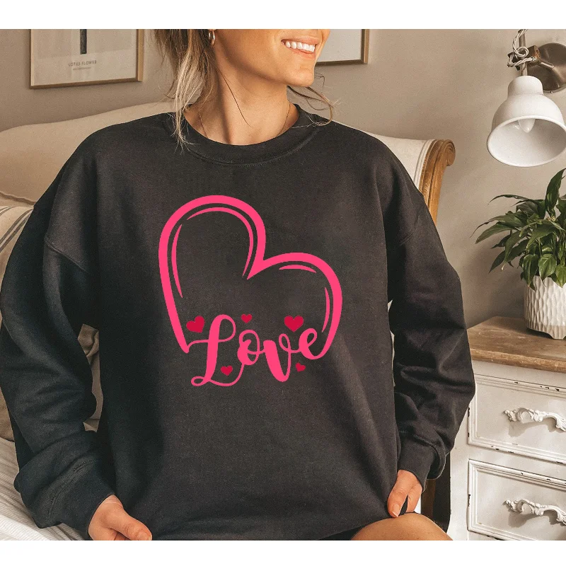Valentine'S Day Fashion Women'S Casual Long Sleeve Round Neck Pink Love Print Sweatshirt Hoodie with Magnetic Closure Innovative Modern