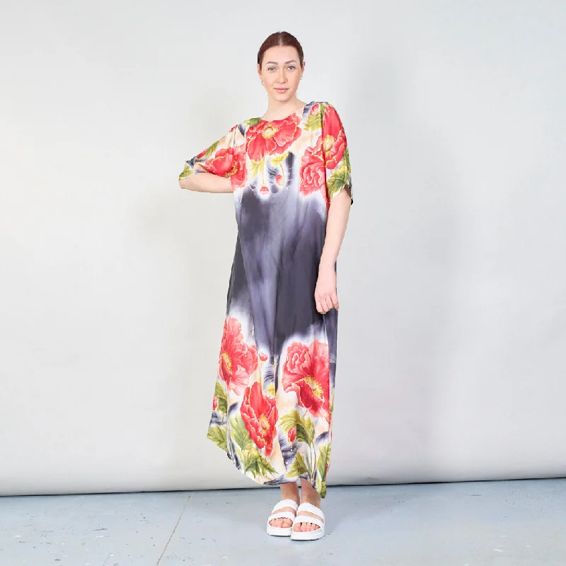 Bold poppy bloom satin kaftan dress Tunics Luxurious high-end