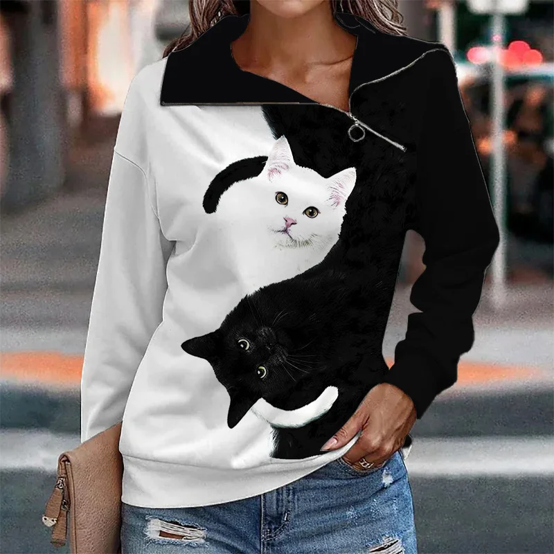 Women Casual Long-Sleeved Diagonal Zipper Graphic Cat Geometry Print Sweatshirt Hoodie with Full-Zip Functional Layering