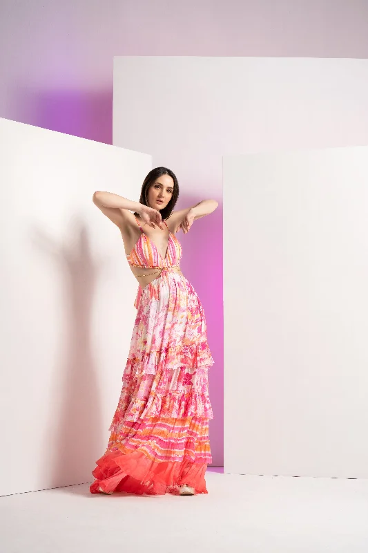 Pink fancy fusion full length dress with stylized chain at waist and tie up back Tunics New arrival