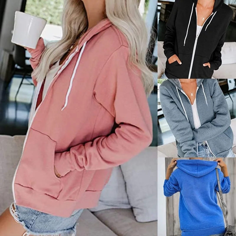 Women Casual Solid Color Zipper Hoodie Hoodie with Button Classic Timeless
