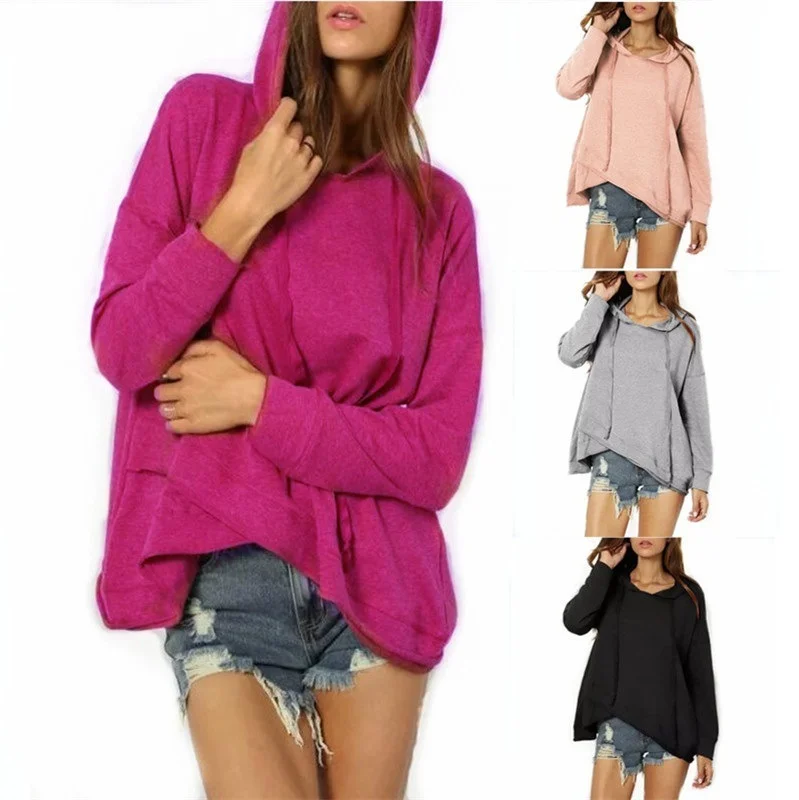 Autumn Women Irregular Hem Hooded Solid Long Sleeve Sweatshirt Hoodie with Emblem Brand Identity