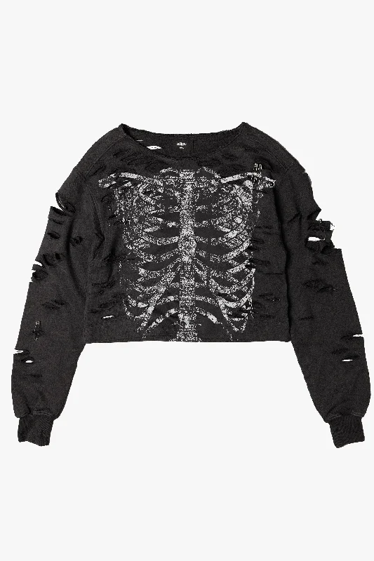 Skeleton Shredded Sweatshirt Hoodie with Ribbed Hem Stretchable Secure