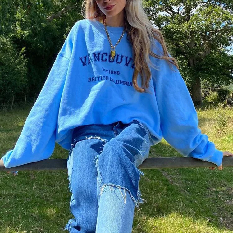 Autumn Winter Women Round Neck Letter Print Long Sleeve Loose Casual Sweatshirts Hoodie with Zipper Placket Modern Functional