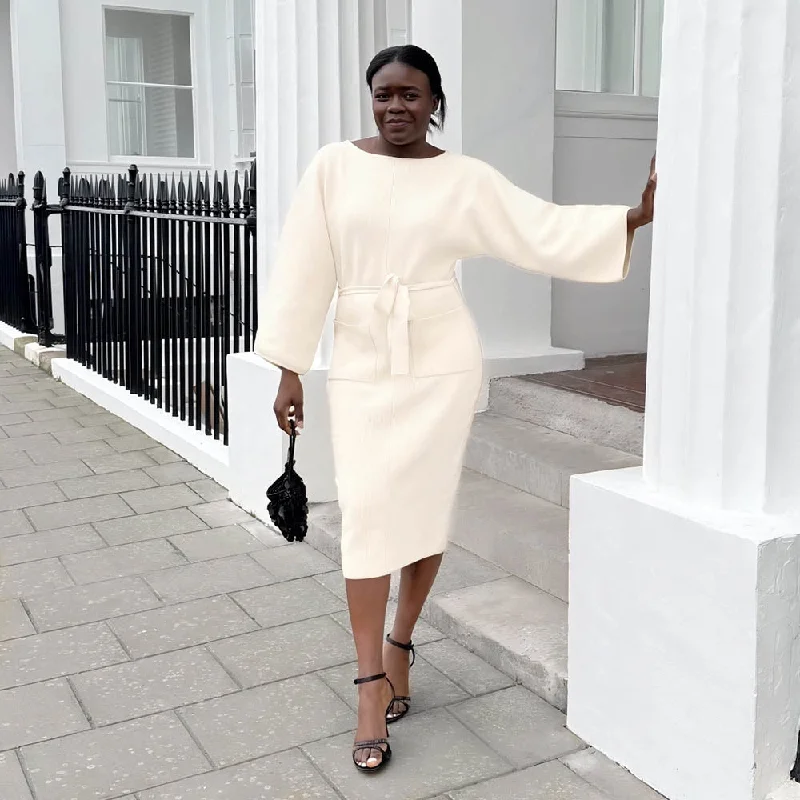 Midi Knitted Cocoon Dress - Oatmeal Tunics Office stylish