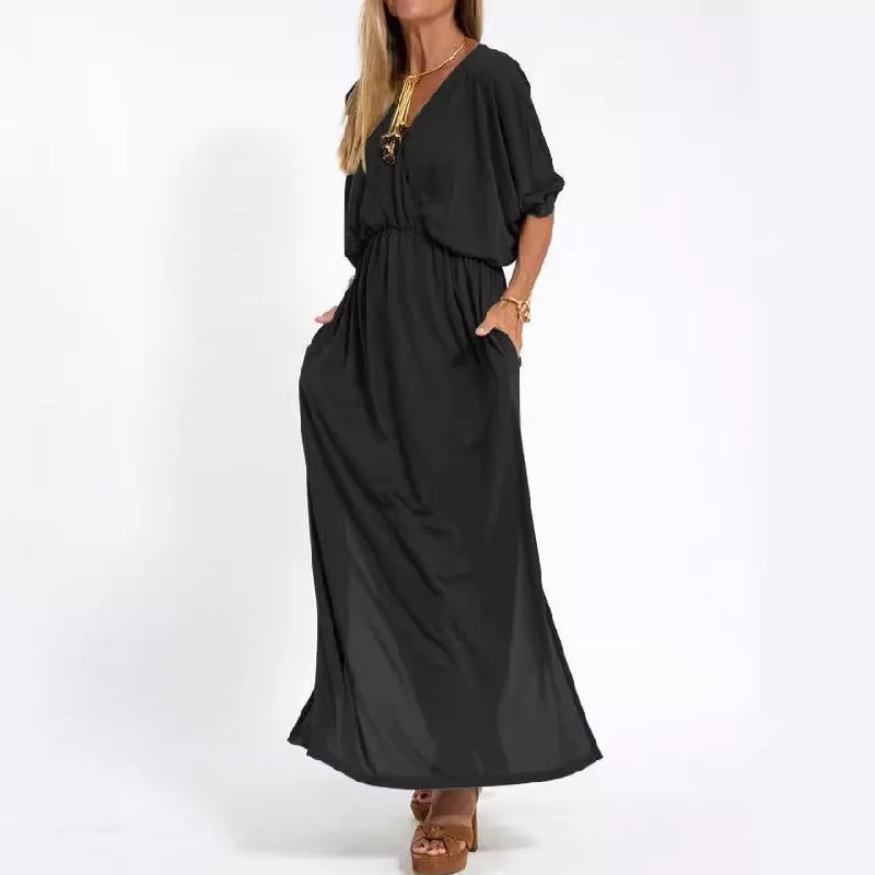 IKEARLAX Cross Border Summer New Independent Station  Fashion Solid Color High Waist Slit V-neck Dress Tunics Fashionable chic