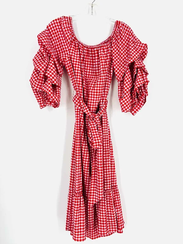 Who What Wear Size M Red/White Gingham Belted Dresses Dress Square Neckline Feminine