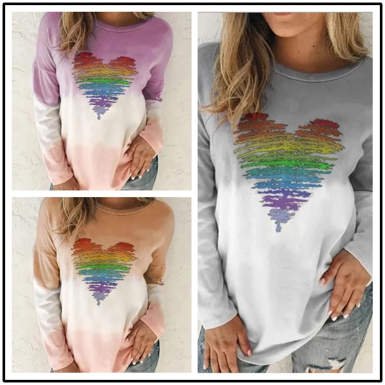 Long-Sleeved Women Round Neck Autumn Winter Casual Tie-Dye Heart Print Sweatshirt Hoodie with Button Placket Classic Preppy