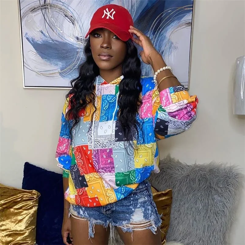 Women Fashion Multicolor Graphic Print Long Sleeve Hoodie Hoodie with Drawcord Adjustable Secure