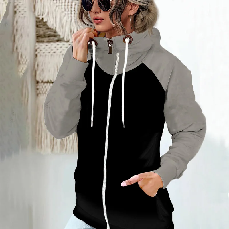 Women Autumn Winter Large Size Fleeced Long Sleeve Zipper Sweatshirt Hoodie with Drawstring Waist Adjustable Fitted