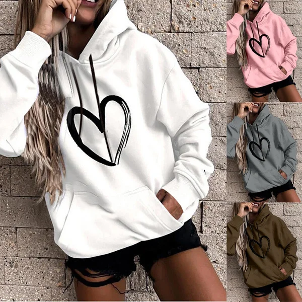 Women Casual Basic Hoodie Fashion Heart Print Long Sleeve Sweatshirt Hoodie with Batwing Sleeves Loose Dramatic