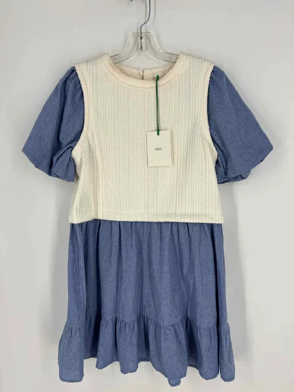 Voy Size M Blue/Cream Herringbone Flounce NEW Designer Dress Tunics Vintage classic