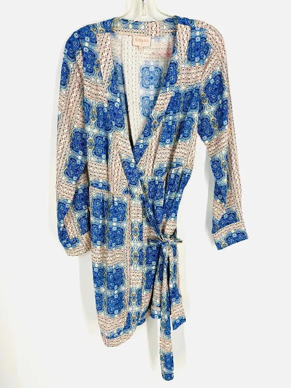Ciebon Size S Beige/Blue Wrap Print Designer Dress Tunics Handmade artisanal
