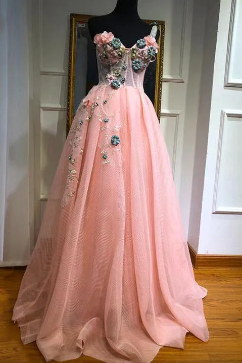 Unique One Shoulder Pink Prom Dresses Appliques Sweetheart Long Party Dresses Crew Neckline Sporty