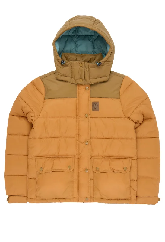 Topo Designs Women's Retro Ridge Puffer Jacket - Dark Khaki / Spice Print Jacket Jacquard Jacket Embroidered Jacket