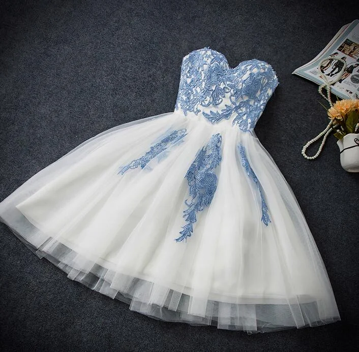 Lovely White Tulle Party Dress with Blue Applique, Homecoming Dress Mermaid Tail Wedding