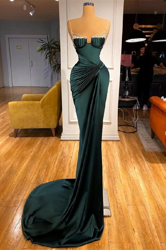Spaghetti-Straps Party Dress Gorgeous Dark Green Mermaid Prom Dress with Rhinestone sweetheart Neckline Romantic