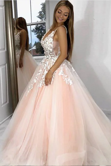 Princess V Neck Pink Long Tulle Lace Appliques Open Back Party Dress Prom Dresses Tunics Evening elegant