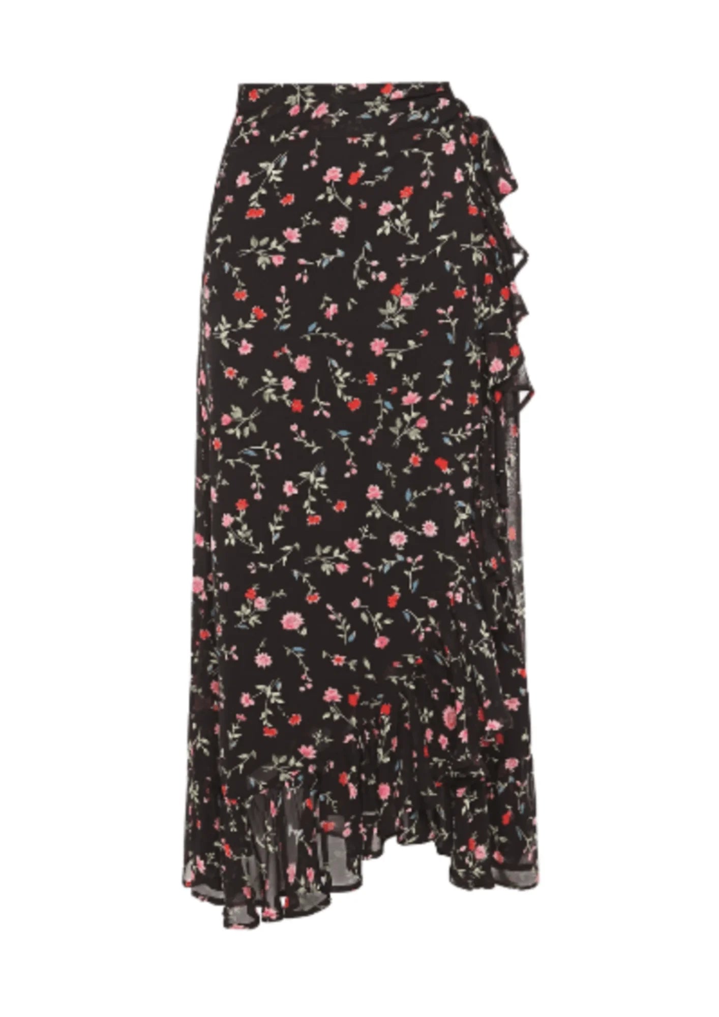 RUFFLED PRINTED MIDI WRAP SKIRT denim skirt trendy
