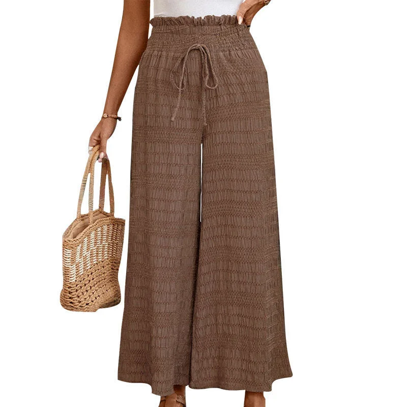 Coffee Brown Printed Wide Leg Pants with Smocked Waistband Fashionable Button-Up Pants