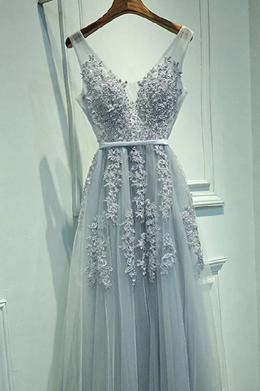 Blush A-Line V-Neck Sleeveless Gray Zipper Appliques Party Dress Prom Dresses Tunics Stylish modern
