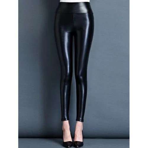 Stretchy Faux Leather Shiny Pants - Black M Casual Drawstring Pants