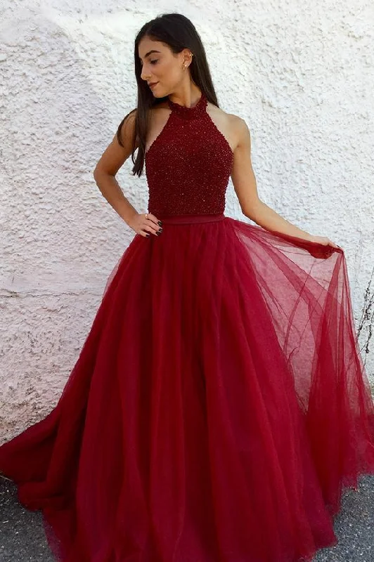 A Line Halter Tulle Burgundy Beads Sleeveless Long Party Dresses Prom Dresses Tunics Sale discount