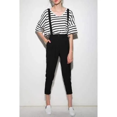 High Waist Suspender Ankle Pants - Black L Fashionable Jogger Pants