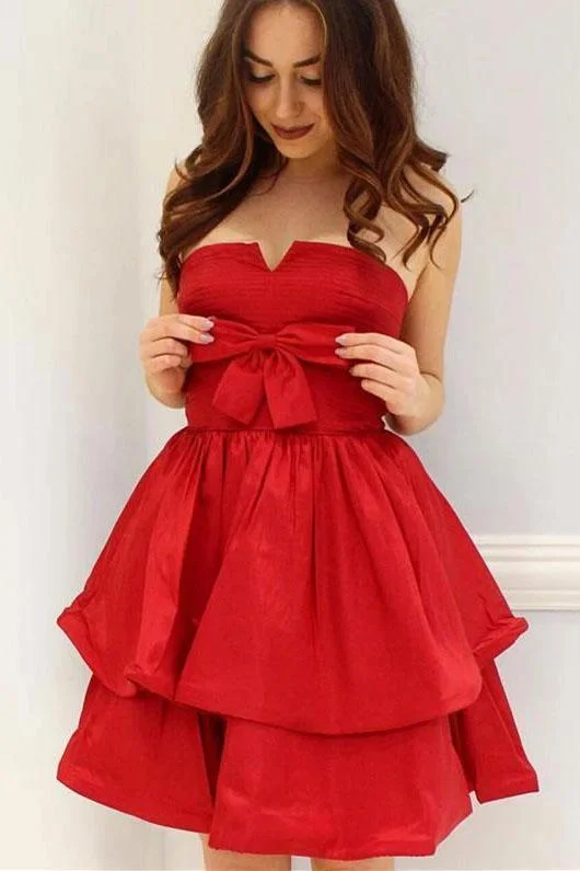 Red A-Line Strapless Bowknot Short Prom Dress Satin Party Dress Homecoming Dresses Tunics Gym athletic
