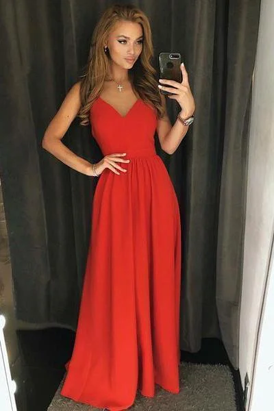 Simple A Line Red Spaghetti Straps V Neck Backless Prom Dresses Long Party Dresses Tunics Floral girly