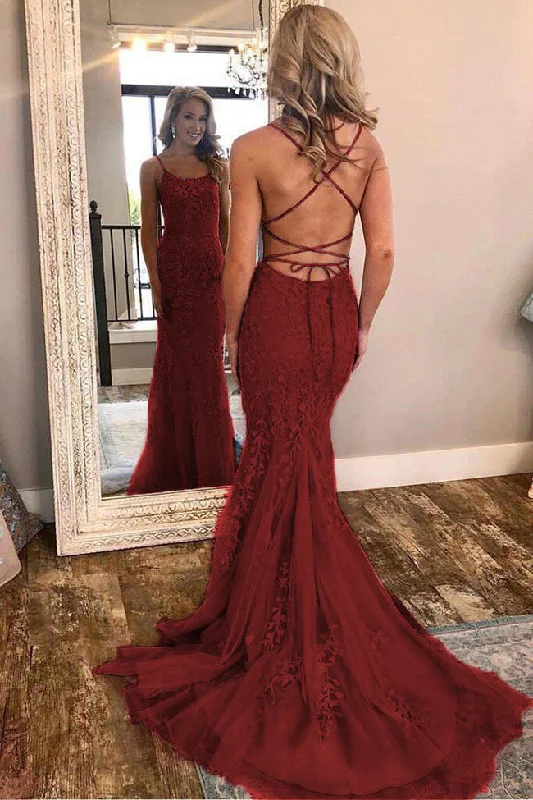 Burgundy Lace Open Back Spaghetti Straps Mermaid Formal Prom Dress Evening Party Dresses Boat Neckline Classic