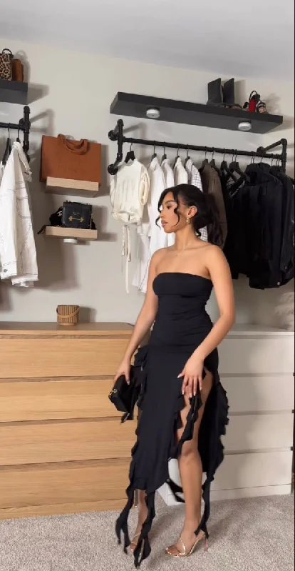 Black Strapless Sheath Ruffles Long Party Dress Wedding Guest Dress, DP4426 Tunics Practical easy-care