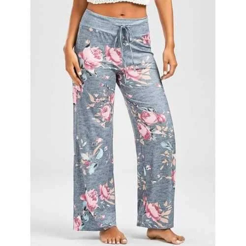 Casual Floral Print Drawstring Pants - Light Gray S High-Waist Trousers