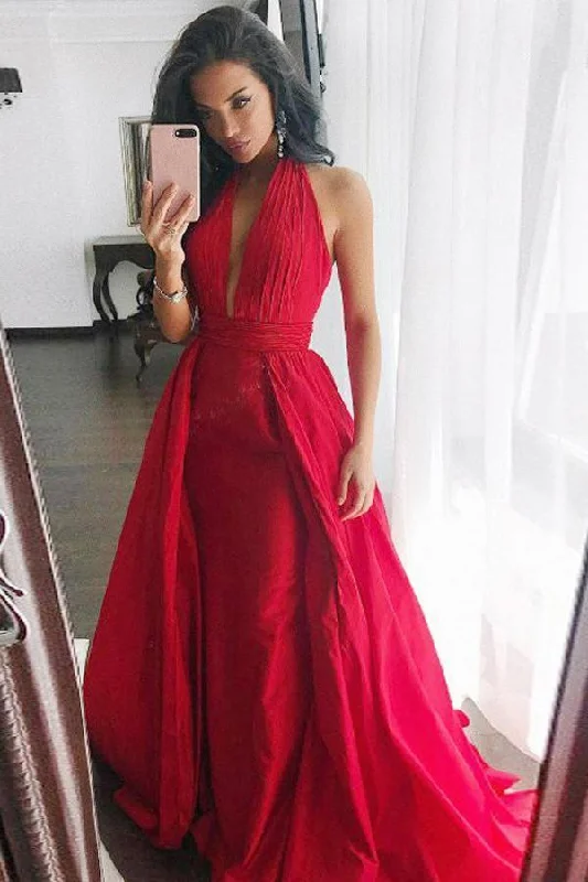 Sheath Halter Sweep Train Pleated Red Satin Prom Dress Sleeveless V Neck Party Dress Tunics Canvas sturdy