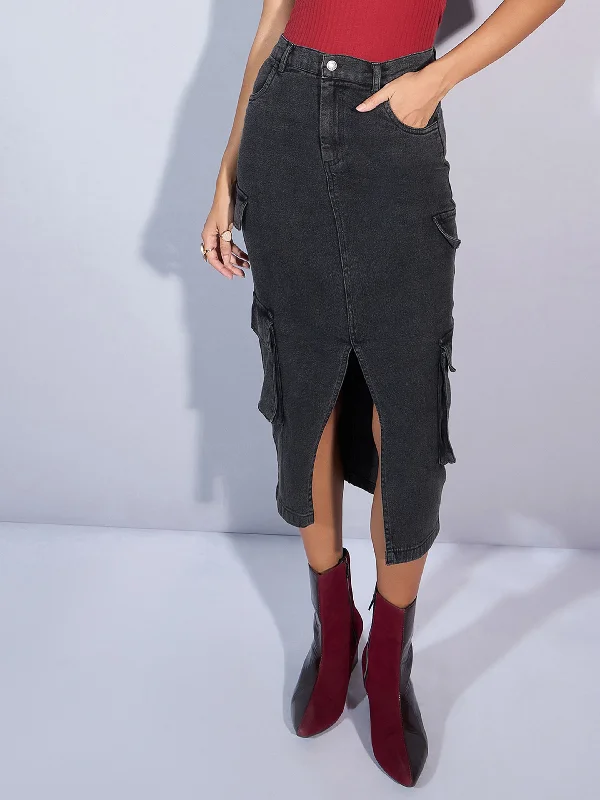 Women Black Denim Box Pocket Front Slit Midi Skirt boho skirt vibe