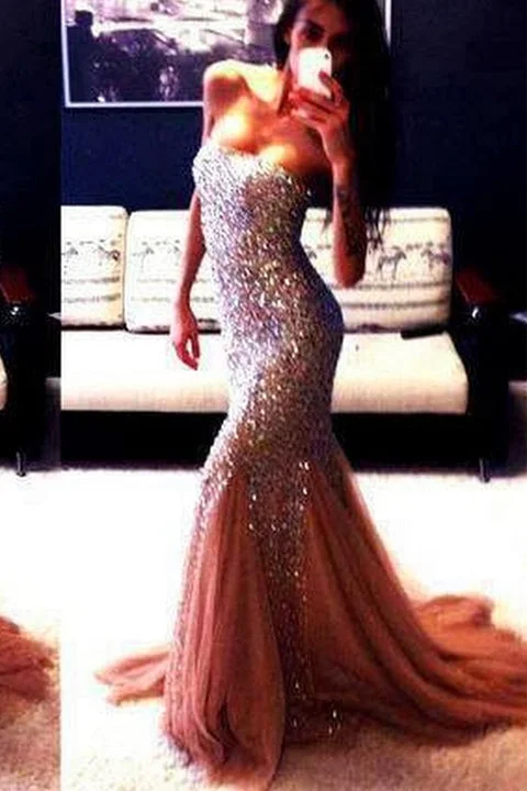 Fashion Strapless Mermaid Heavy Beadings Tulle Prom Dress Evening Gowns Party Dress Turtleneck Neckline Stylish